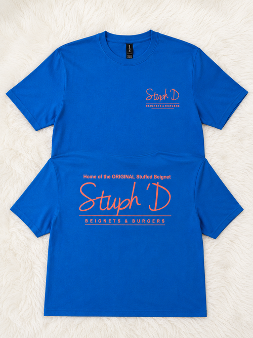Stuph 'D Beignets & Burgers Blue Tee - front and back view