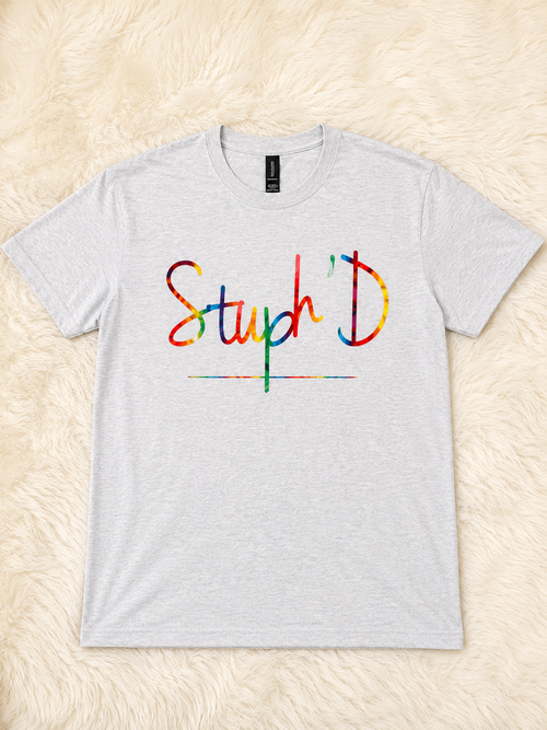 Stuph 'D Rainbow Signature Tee - white tee with colorful tie-dye style logo