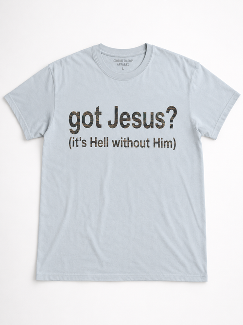 Got Jesus? Tee - light blue with hippie camo graphic lettering, front view