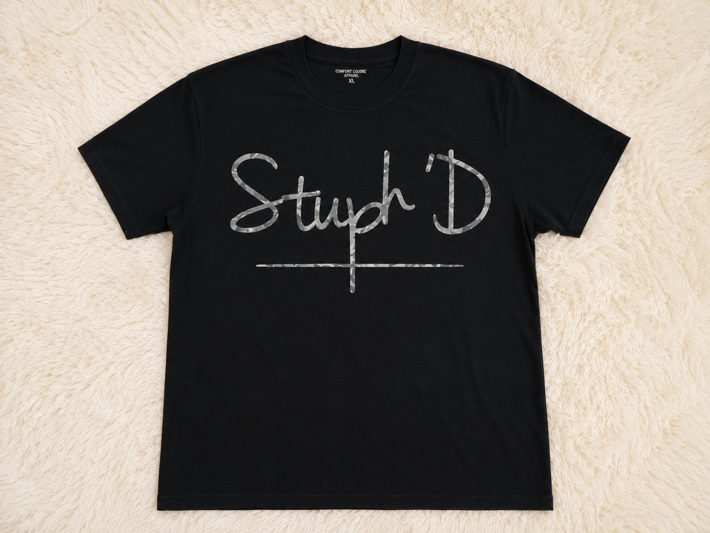 Stuph 'D Signature Tee in black with cursive camo-style graphic