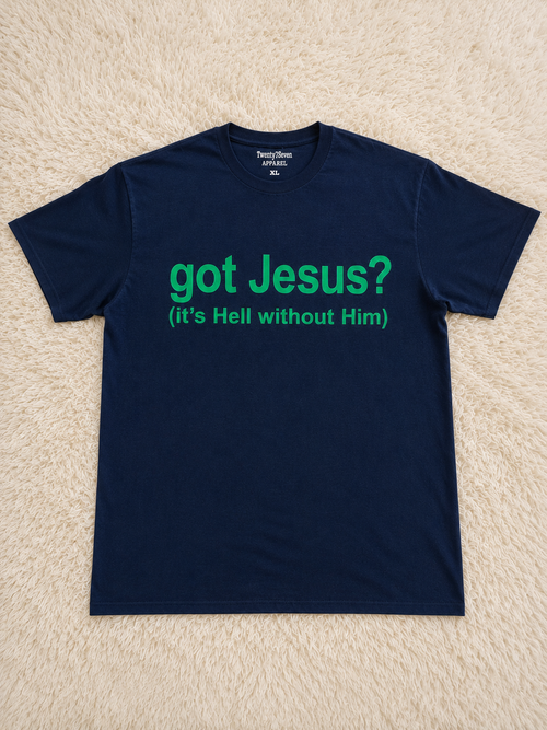 Got Jesus? Tee in navy with bright green graphic lettering