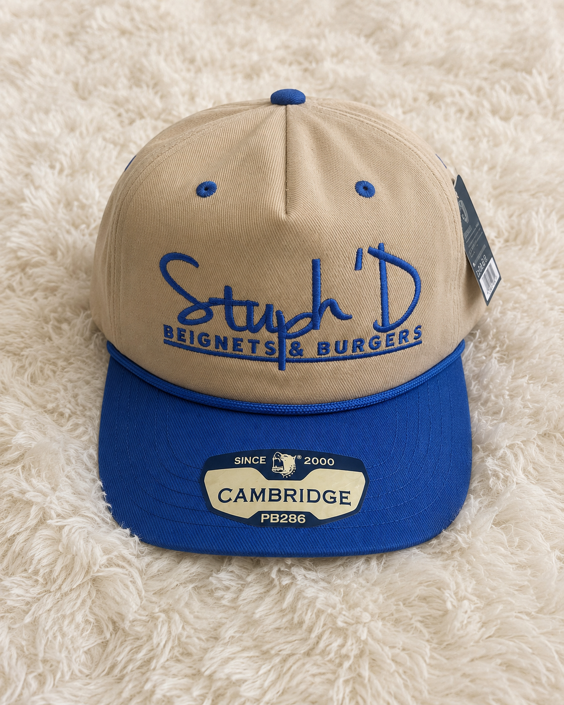 Stuph 'D Beignets & Burgers khaki and royal blue Cambridge snapback hat