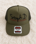 Stuph 'D Beignets & Burgers olive green Otto trucker hat with black embroidery and gold rope
