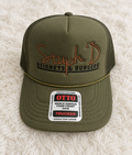 Stuph 'D Beignets & Burgers olive and brown Otto trucker hat with gold rope accent