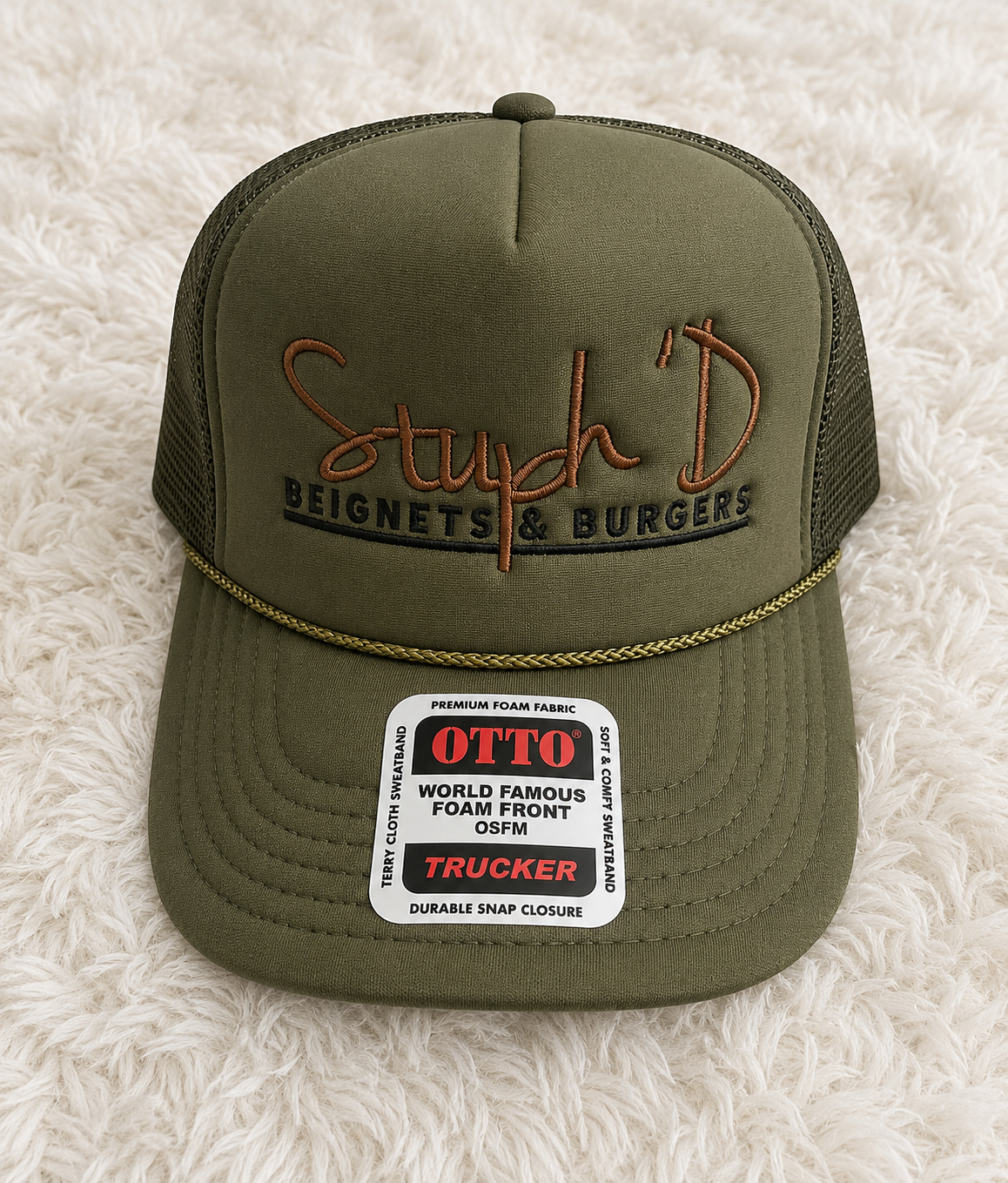 Stuph 'D Beignets & Burgers olive and brown Otto trucker hat with gold rope accent