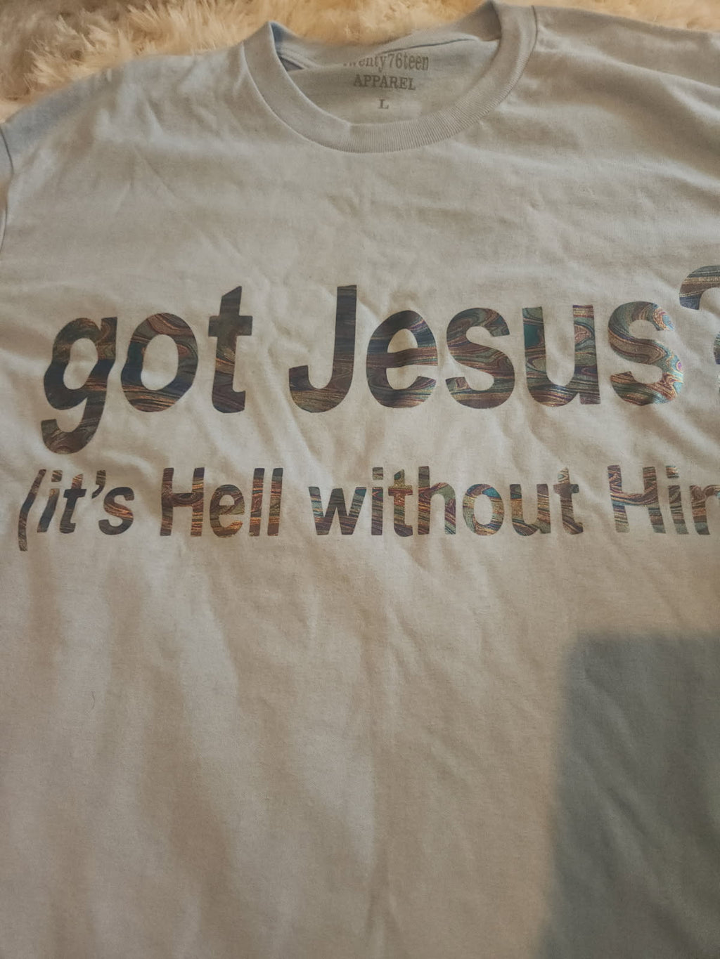 Got Jesus? Tee - close-up of hippie illustrated graphic lettering